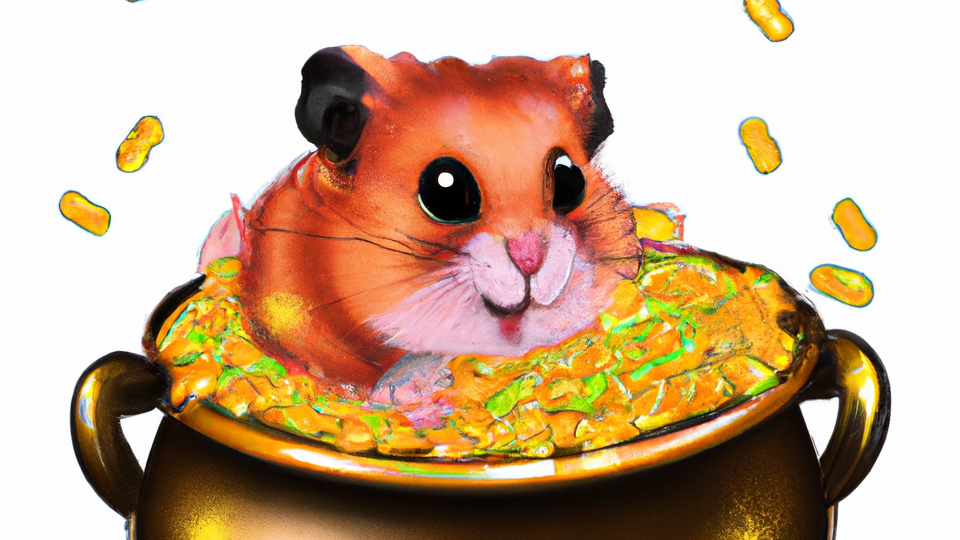 happy hamster on a pot of gold photorealistic