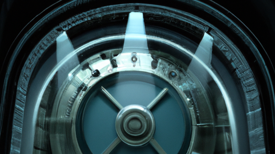 Images are AI-created. Prompt: A gigantic bank vault with a futuristic laser security system. Tool: DALL-E.