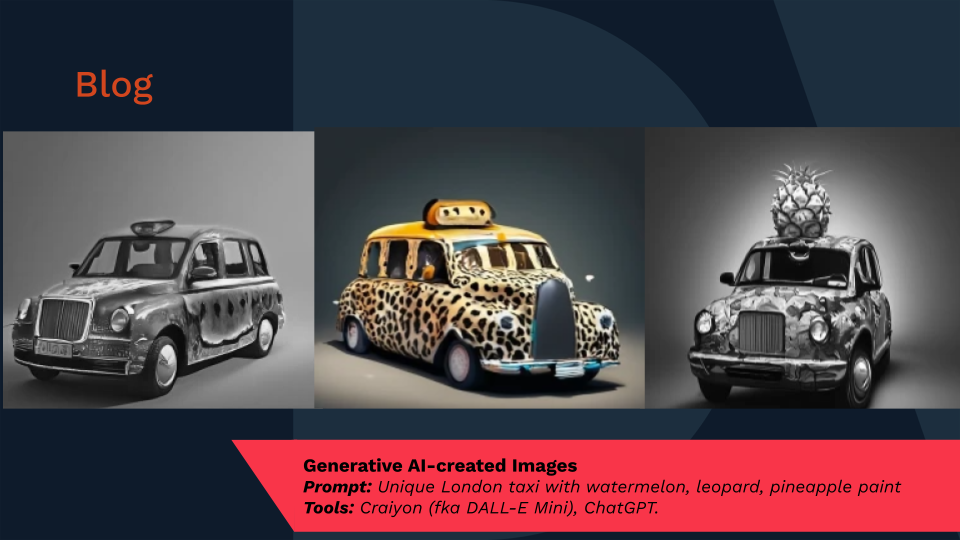 About the post: Images are AI-created. Prompt: Unique London taxi with watermelon, leopard, pineapple paint. Tool: Craiyon (fka DALL-E Mini), ChatGPT.