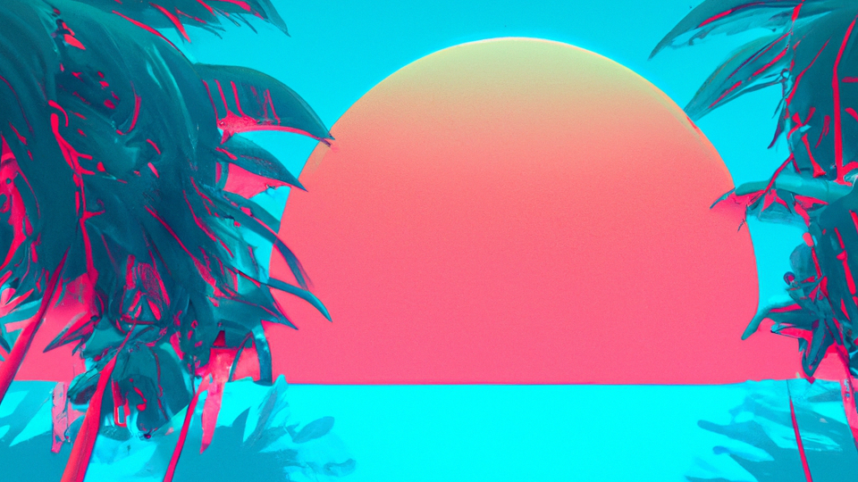 Images are generative AI-created. Prompt: vaporwave tropical beach scene with palm trees and a setting sun. Tool: DALL-E.
