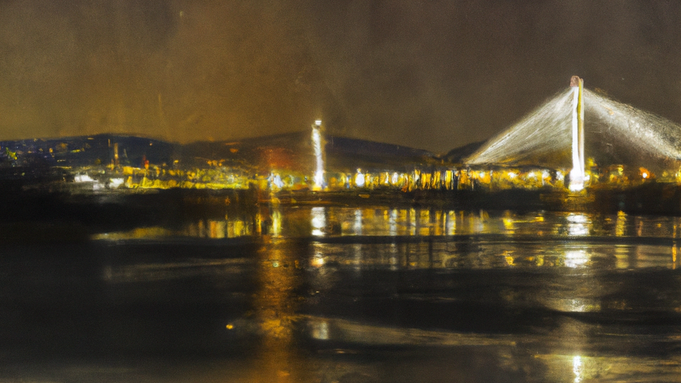 About the post: Images are generative AI-created. Prompt: a lit up suspension bridge spanning a wide river at night done as an oil painting. Tool: DALL-E.