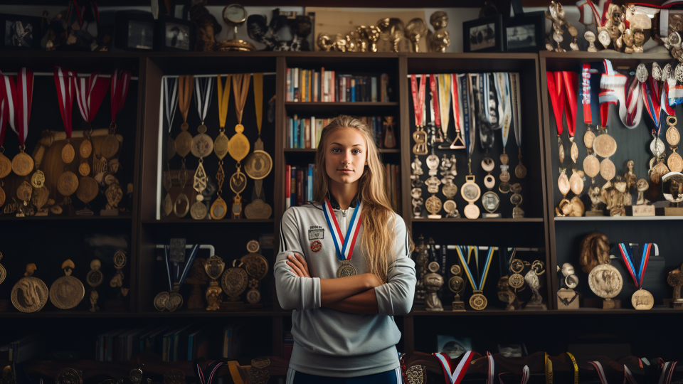 About the post: Images are generative AI-created. Prompt: Maximalist athlete standing in front of a shelf of trophies and awards with many medals hanging on her neck. Tool: Midjourney.