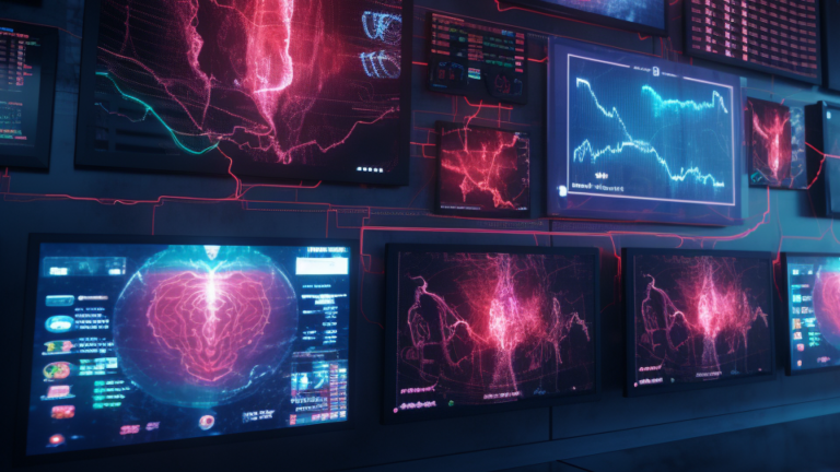 About the post: Images are generative AI-created. Prompt: futuristic 4k image of a wall of monitors showing various vital signs such as brain wave activity, heartbeat, etc. Tool: Midjourney.