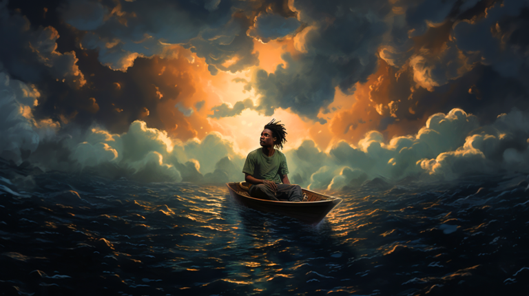 About the post: Images are generative AI-created. Prompt: A cloud with a lifeboat floating on top, there is a young black man in the boat, in the style of detailed fantasy art, dreamcore, quiet moments captured in paint, radiant clusters, i cant believe how beautiful this is, detailed character design, dark cyan and light yellow. Tool: Midjourney.