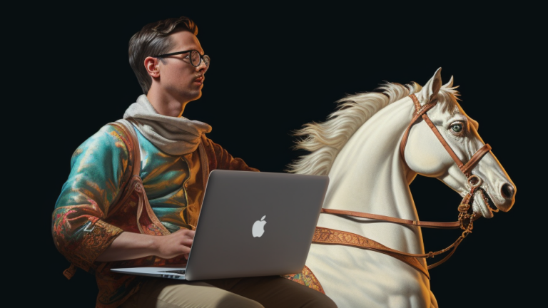 About the post: Images are generative AI-created. Prompt: Bespectacled software developer holding a laptop computer and riding a rearing horse, Renaissance painting style. Tool: Midjourney.
