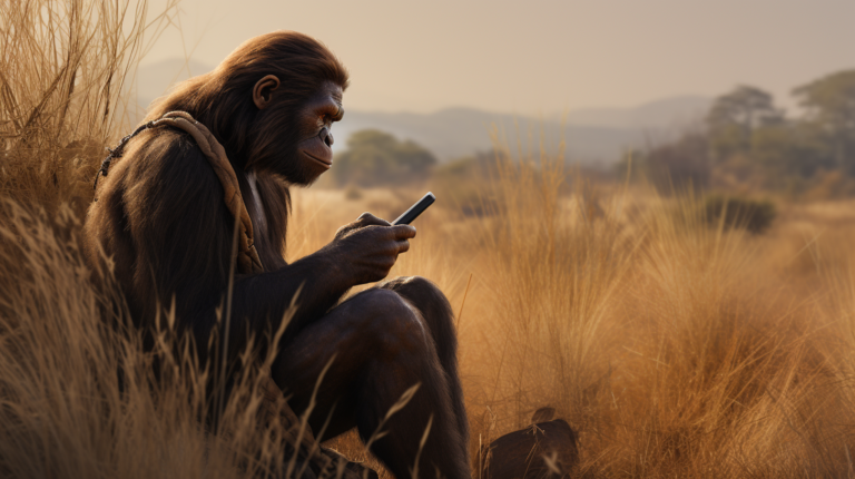 About the post: Images are generative AI-created. Prompt: highly photorealistic, set in the African grasslands, millions of years ago, prehistoric, featuring homo habilis scrolling on a smartphone. Tool: Midjourney.