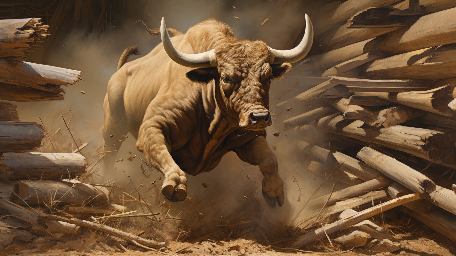 About the post: Images are generative AI-created. Prompt: A powerful bull, its muscles rippling with raw strength, crashes through a wooden fence, sending splinters of wood flying. Tool: Midjourney.