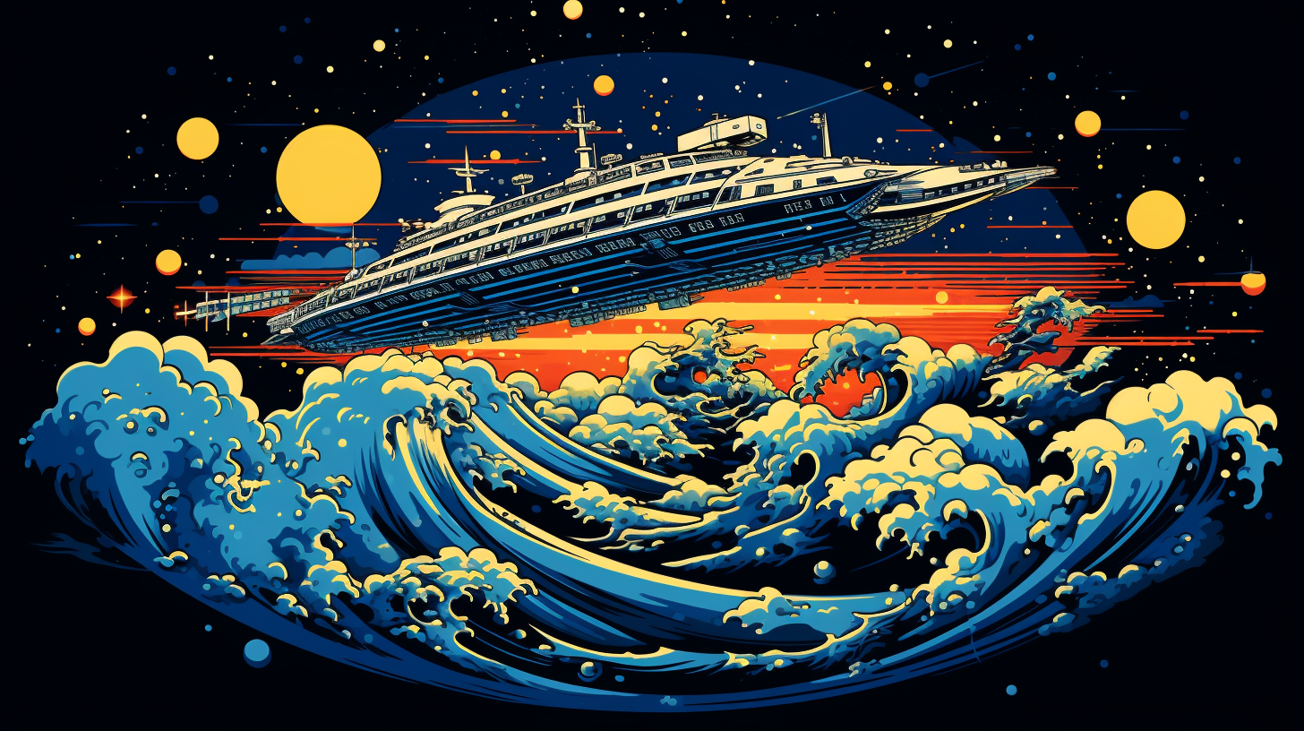 About the post: Images are generative AI-created. Prompt: An intergalactic spaceship floating in a bright starry solar system with a nebula and shooting stars. The style is The Great Wave off Kanagawa by Japanese ukiyo-e artist Hokusai. Tool: Midjourney.