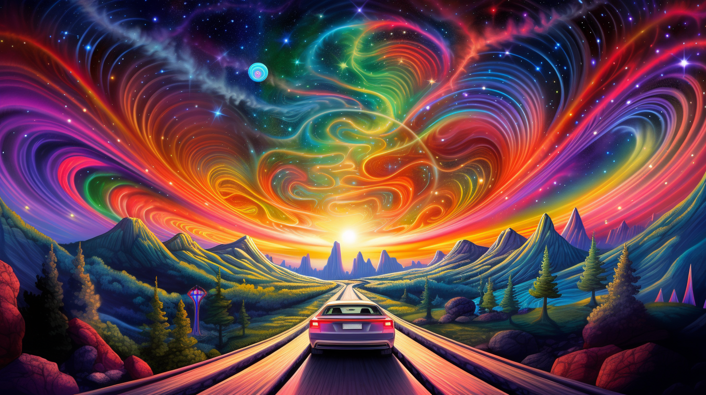 About the post: Images are generative AI-created. Prompt: a psychedelic vintage automobile driving down a rainbow road through a cosmic landscape. Tool: Midjourney.