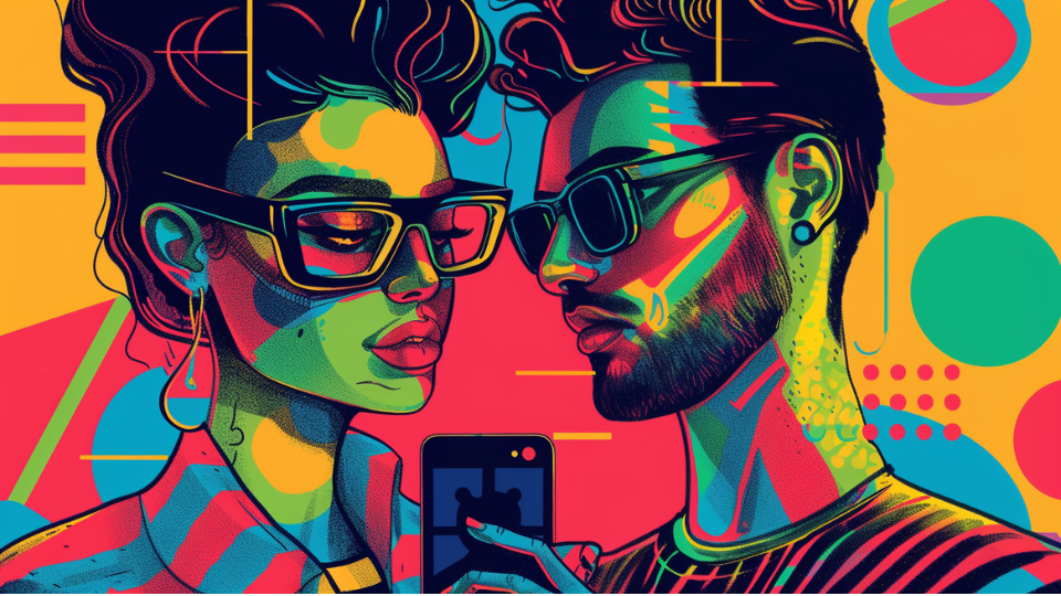 About the post: Images are generative AI-created. Prompt: A Brazilian couple are using facial biometrics on a mobile phone to access a gambling website. The style is inspired by Brazilian neo-pop art. Tool: Midjourney.