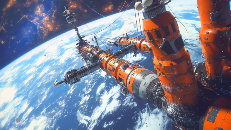 About the post: Images are generative AI-created. Prompt: Imaginary space station with planet Earth in the background with a dozen of differently looking orange modules, the station is in the middle of space, cords, tubes, pipes are visible. Tool: Midjourney.