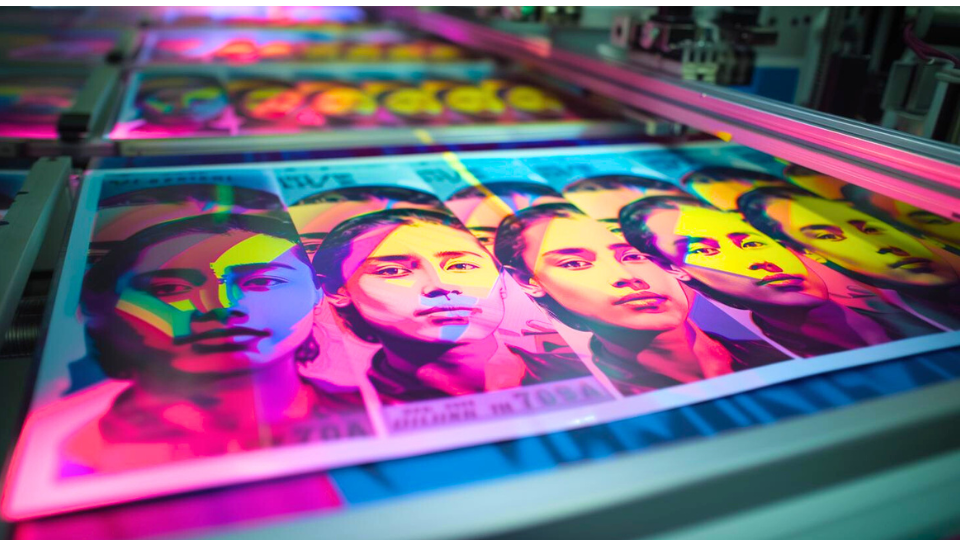 About the post: Images are generative AI-created. Prompt: A mint condition printed sheet of identical US state driver's licenses coming out of an industrial printer, the faces are highly visible, vividly colorful. Tool: Midjourney.
