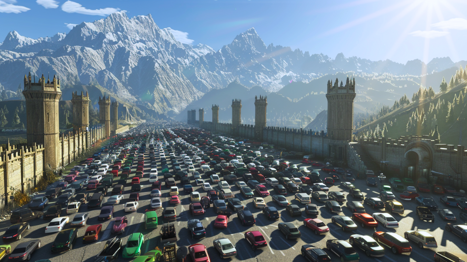 About the post: Images are generative AI-created. Prompt: A massive parking lot filled with cars, parking lot is surrounded by tall fortified walls, very protective, surrounded by a beautiful mountainous landscape, the sun shines brightly. Tool: Midjourney.