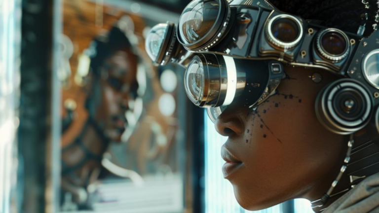 About the post: Images are generative AI-created. Prompt: A funky female robot with dozens of lenses on her head is looking at a photo of a black man, photorealistic, cyberpunk, vaporwave, steampunk. Tool: Midjourney.
