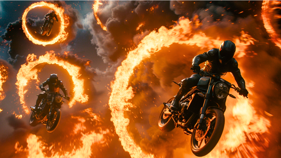 About the post: Images are generative AI-created. Prompt: Several daredevil type motorcyclists dressed in all black with black helmets leaping off a ramp and through rings of fire. Tool: Midjourney.