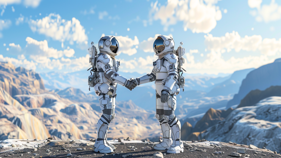 About the post: Images are generative AI-created. Prompt: Two futuristic astronauts shaking hands, astronauts are standing on a beautiful rocky extraterrestrial landscape. Tool: Midjourney.