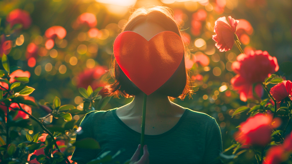 About the post: Images are AI-created. Prompt: A woman standing in a beautiful garden wearing a heart-shaped mask covering her face, her face is completely obscured by the heart. Tool: Midjourney.