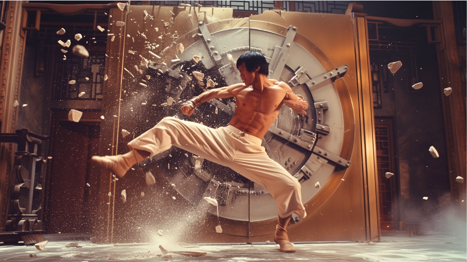 About the post: Images are generative AI-created. Prompt: Bruce Lee kicking down gigantic steel vault door, leg in the air, leg fully extended making contact with the door, door breaking open, pieces of metal flying in the air, still frame from 1970s kung fu movie, full frame, vintage feel. Tool: Midjourney.