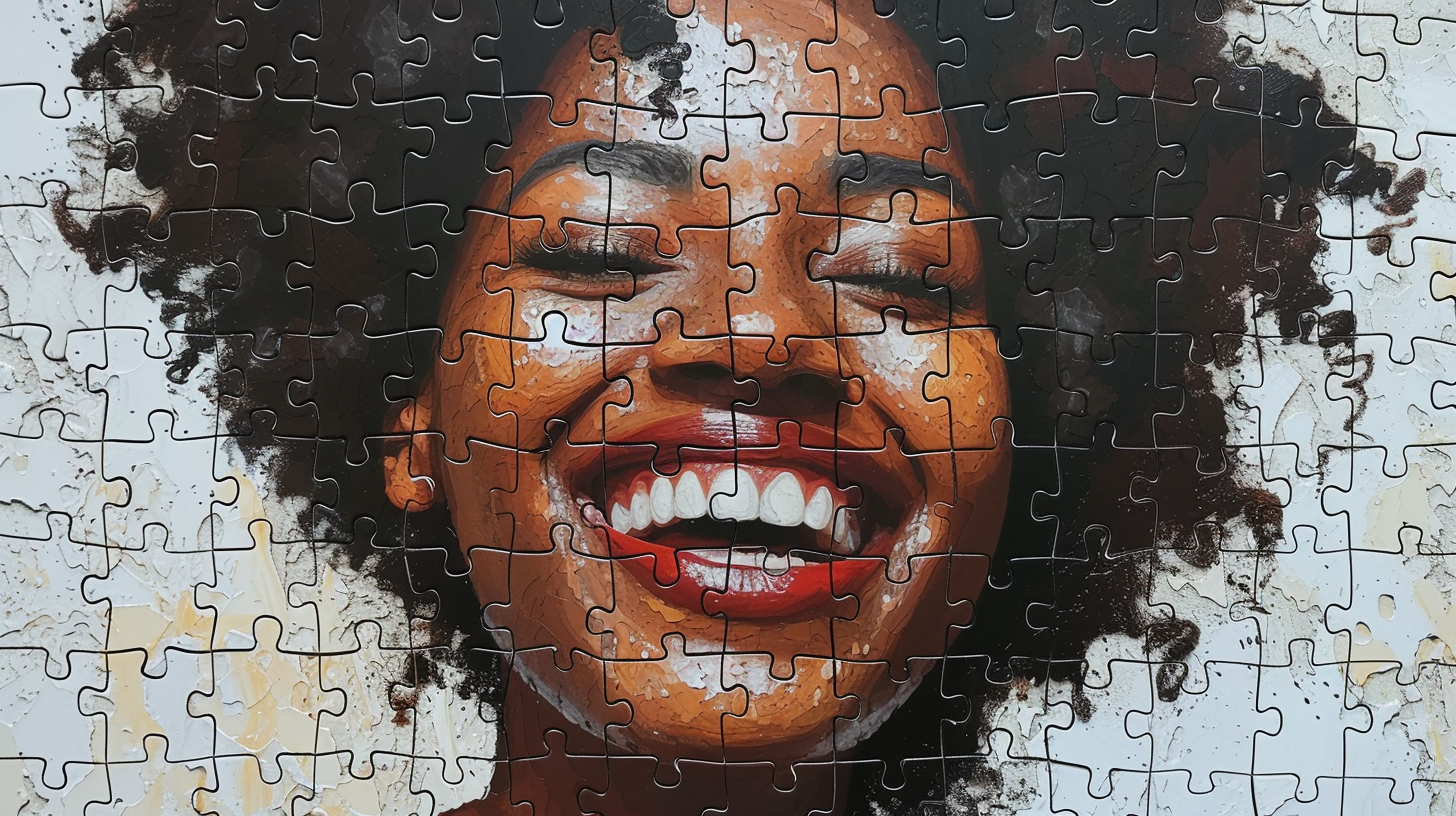 About the post: Images are generative AI-created. Prompt: An almost complete puzzle of a smiling black woman's face. Tool: Midjourney.