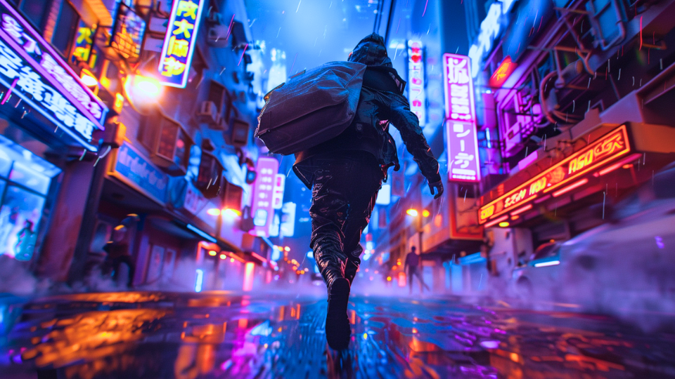 About the post: Images are AI-created. Prompt: A futuristic thief sprinting down the street to escape after a robbery, a sack slung over his shoulder, cyberpunk vibes, lots of neon signs, frenetic, chaotic, dystopian. Tool: Midjourney.