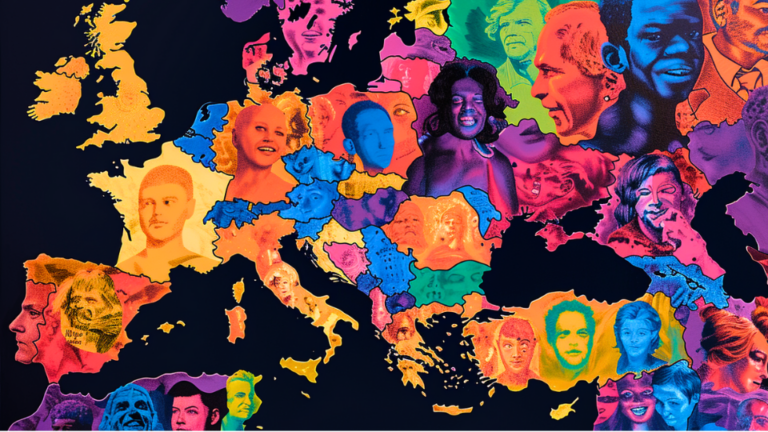 About the post: Images are generative AI-created. Prompt: A brightly colorful map of Europe comprised of various human faces of different ethnicities. Tool: Midjourney.
