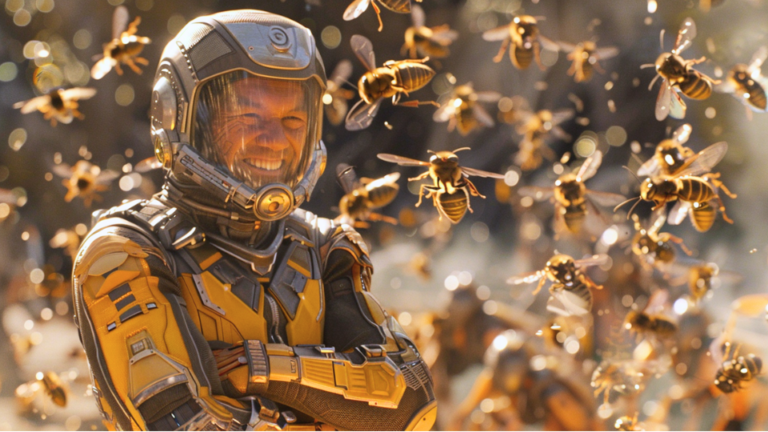 About the post: Images are generative AI-created. Prompt: A swarm of wasps surround a man in a high-tech futuristic protective suit who stands smiling with his arms folded in a powerful pose. Tool: Midjourney.