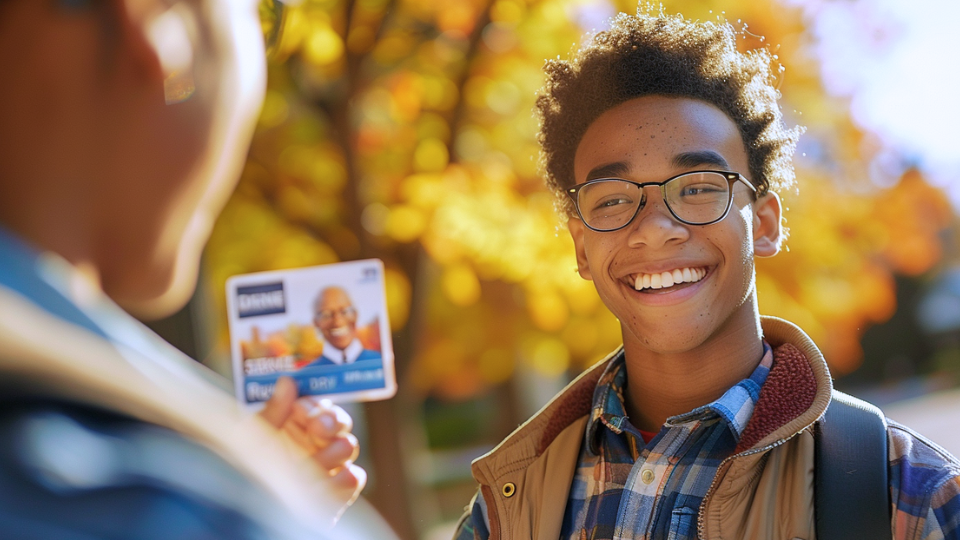 About the post: Images are generative AI-created. Prompt: A fresh-faced college kid grinning and presenting a driver's license with an older person's picture on it. Tool: Midjourney.