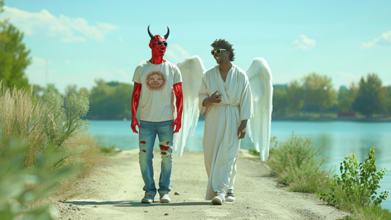 About the post: Images are generative AI-created. Prompt: Two figures walk side by side on a sunny lakeshore path, engaged in lively conversation and laughter—but with an amusing twist. The figure on the left is the devil, with bright red skin, horns, and a pointed tail, wearing modern casual attire of a t-shirt, jeans, and sneakers. The figure on the right is an angel in a loose white robe, feathery wings folded behind him, and a halo above his head. Both are wearing trendy sunglasses and have carefree, joyful expressions as they chat like old friends. The beautiful blue lake sparkles under a clear sky in the background, creating a whimsical, lighthearted contrast to the unlikely pair. Photorealistic, humorous. Tool: Midjourney.