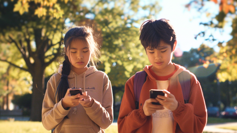 About the post: Images are generative AI-created. Prompt: A pair of friends, a boy and a girl about 13 years old, stand in a public park on their phones. One is Hispanic and one is Asian Tool: Midjourney.