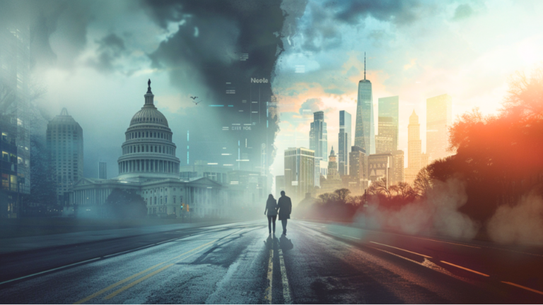 About the post: Images are generative AI-created. Prompt: Photorealistic fantastical image of a middle-aged Latino couple walking hand in hand down the middle of a road, on the left side a Washington, DC scene with the Capitol building, the Washington Monument, and other government buildings, on the right side a New York City scene with towering futuristic skyscrapers adorned with sleek corporate logos, dramatic lighting, cinematic atmosphere, mist, 8k resolution, octane render. Tool: Midjourney.