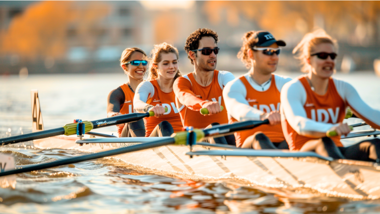 About the post: Images are generative AI-created. Prompt: A mid-range photo of a diverse group of 2 men and 2 women rowing with their faces clearly visible, "IDV" is a uniform logo, their boat has the number 42 on the side, people are smiling, they're winning the competition, photorealistic faces, sport competition, white boat, orange elements. Tool: Midjourney.