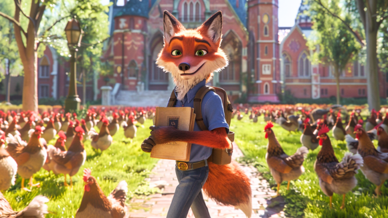 About the post: Images are generative AI-created. Prompt: An anthropomorphic fox with a sly, mischievous, sinister smirk wearing a backpack and holding a textbook walking through the main quad of a university. surrounding him are anthropomorphic chickens having conversations and oblivious to the fox, Pixar style. Tool: Midjourney.