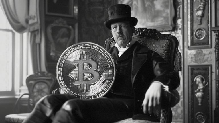 About the post: Images are generative AI-created. Prompt: A man from the 1890s wearing a monocle and top hat sits in a chair posing for a portrait. The image is fairly wide and is in black and white. He sits unsmiling and looks off camera to the right. In his hands is a giant coin with the bitcoin logo. The room is large and ornate with heavy drapes and paintings on the wall. Tool: Midjourney.
