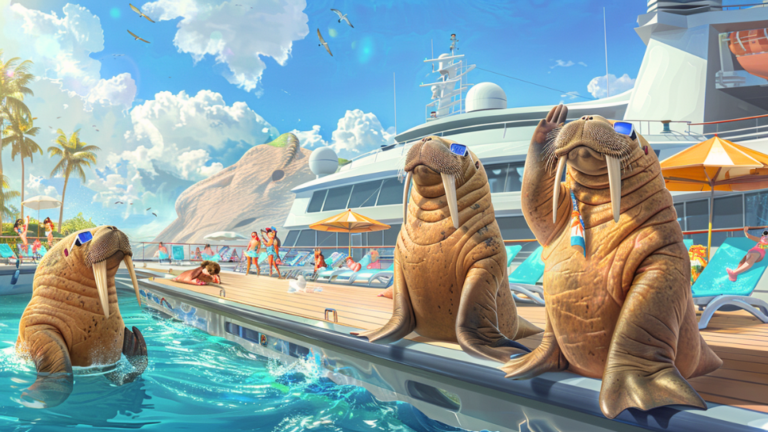 About the post: Images are generative AI-created. Prompt: Wide view of the deck of a modern cruise ship, walruses are on the deck of the ship, they're waving goodbye with their flippers, some are wearing sunglasses and Hawaiian shirts, departing from a tropical port. Tool: Midjourney.