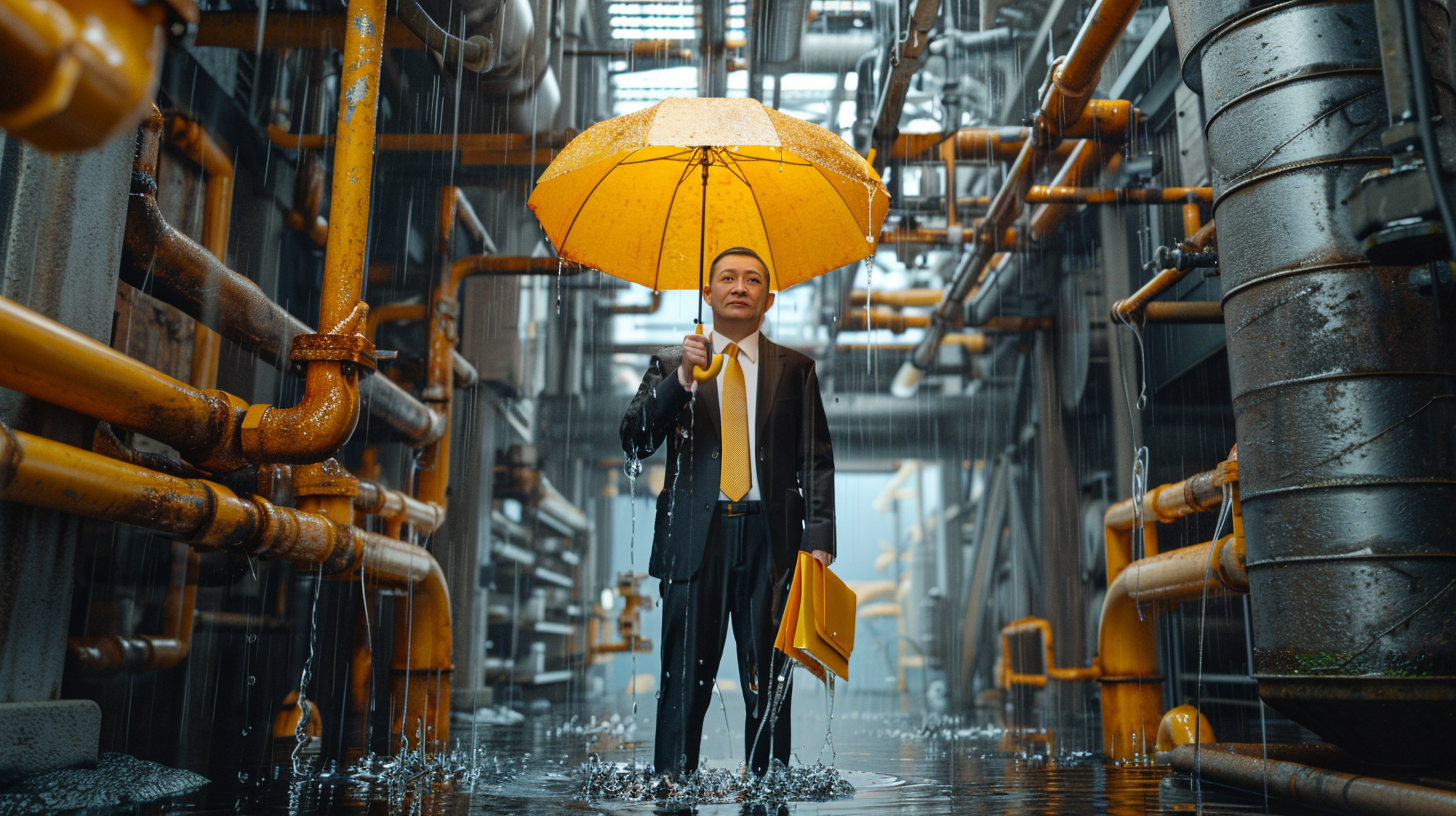 a middle aged asian businessman wearing a suit and tie and bright yellow galoshes and holding an umbrella stands in the middle of a cavernous factory room, the room is covered in various industrial pipes and ducts, all the pipes and ducts are leaking water, wide shot, 8k, photorealistic, --ar 16:9 --v 6.0