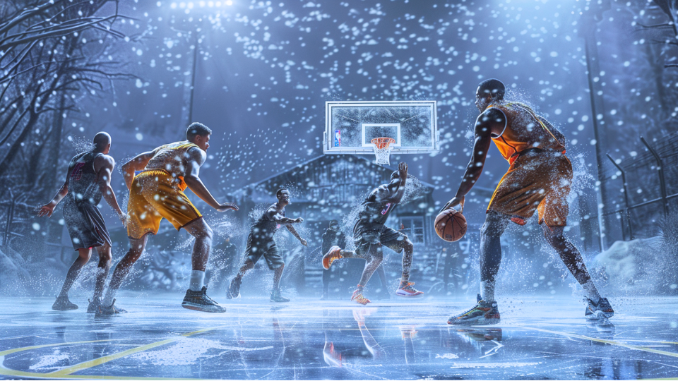 About the post: Images are generative AI-created. Prompt: A surreal scene from a professional basketball game played on an ice rink. The players are sliding and struggling to maintain balance on the slippery surface, their breath visible in the cold air. The court markings are etched into the ice, and the basketball hoop is frost-covered. Tool: Midjourney.