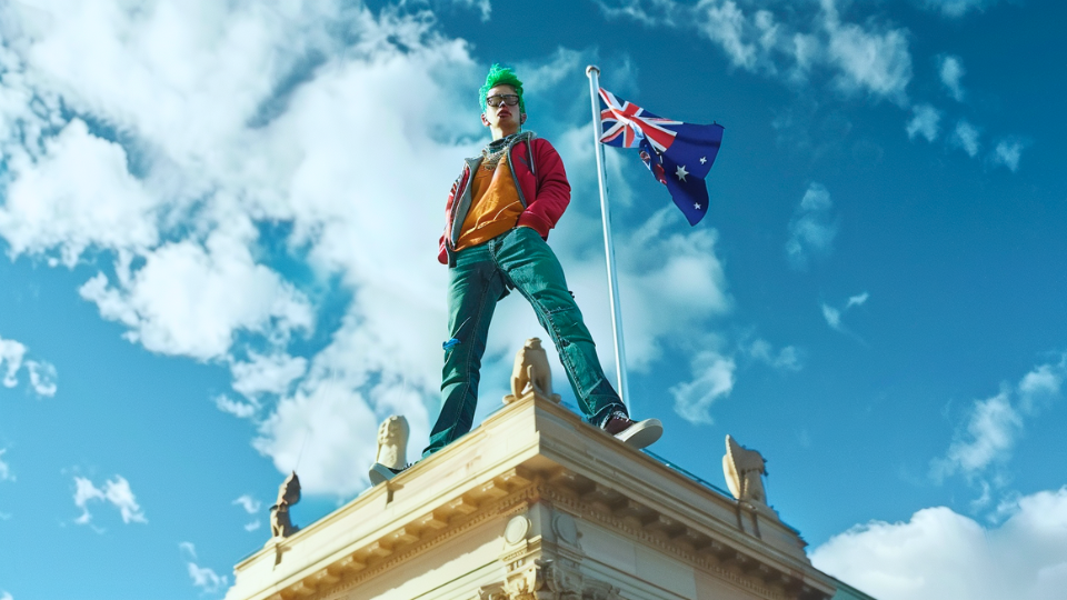 About the post: Images are AI-created. Prompt: A tech startup employee with green hair, wearing glasses, a hoodie, and jeans, stands on top of the Australian parliament house in Canberra holding an Australian flag. Tool: Midjourney.