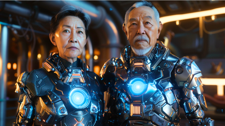 About the post: Images are generative AI-created. Prompt: Elderly Asian couple, 80s, standing tall and proud, wearing advanced bionic exoskeleton suits, sleek chrome and carbon fiber material, glowing blue energy lines, futuristic design, empowered and confident poses, determined facial expressions, industrial background with warm lighting, highly detailed, photorealistic, cinematic. Tool: Midjourney.