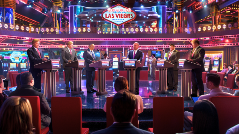 About the post: Images are generative AI-created. Prompt: Photorealistic image of a political debate taking place in a casino setting, five candidates standing at individual podiums, a seated audience watching the candidates, interior of a lavish Las Vegas casino, slot machines and gaming tables visible, vibrant colors. Tool: Midjourney.