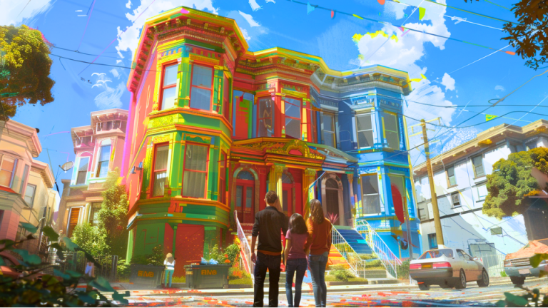 About the post: Images are generative AI-created. Prompt: A happy Latino family, father, mother, son, daughter, standing in front of a colorful psychedelic San Francisco-style home. Tool: Midjourney.