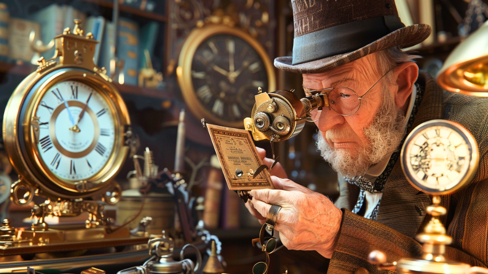 About the post: Images are AI-created. Prompt: A 19th-century steampunk jeweler using an elaborate eyepiece to examine a passport, highly detailed, photorealistic. Tool: Midjourney.