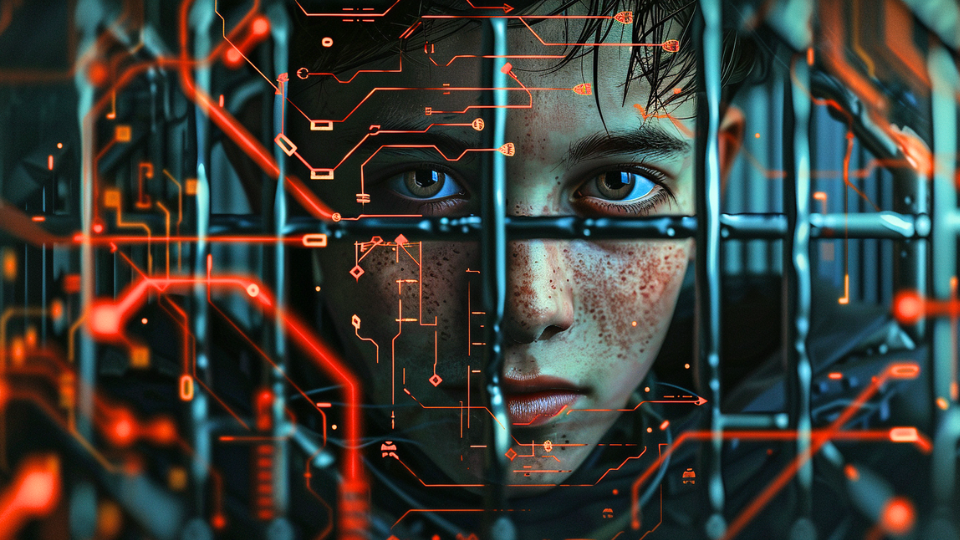 About the post: Images and videos are generative AI-created. Prompt: A somber-looking teenage boy in a jail-like cage embedded within motherboard-like circuitry, photorealistic. Tools: Midjourney, Luma.