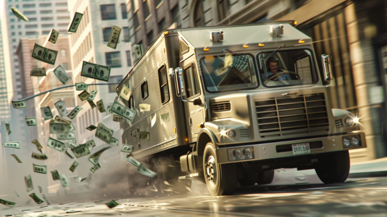 About the post: Images and videos are generative AI-created. Prompt: An armored Brinks truck driving from right to left down a city street, back doors wide open, dollar bills flying out in a cloud behind it, oblivious smiling driver visible through the window, dynamic action shot, cinematic lighting, highly detailed, realistic style. Tools: Midjourney, Luma.
