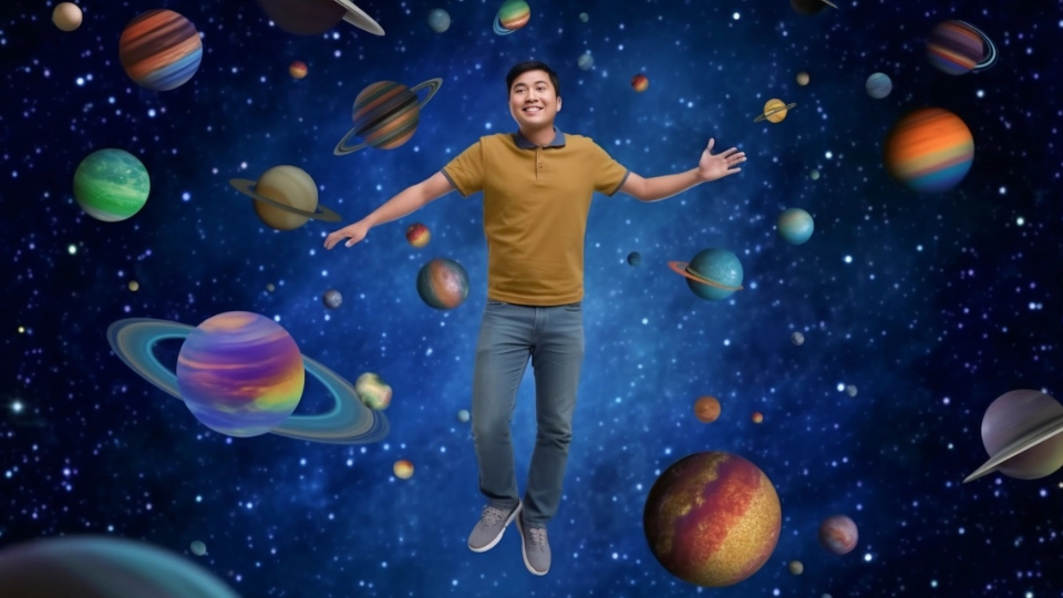 About the post: Images and videos are generative AI-created. Prompt: Planets orbiting around a smiling 35 year old Asian man, man wearing casual clothes like jeans and a t-shirt, floating in space at the center, planets of various sizes and colors revolving around him, cosmic background with stars and nebulas, photorealistic style, high detail, vibrant colors. Tools: Midjourney, Luma.