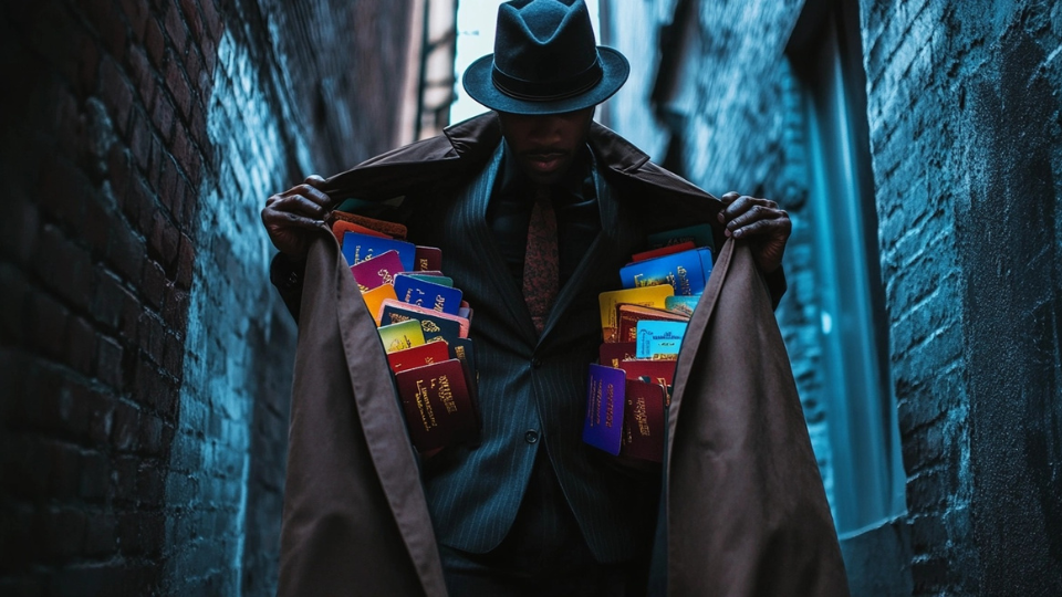 About the post: Images and videos are generative AI-created. Prompt: Suspicious man in fedora and trenchcoat, standing in shadowy alley, holding his coat wide open to reveal an inner lining filled with colorful passports for sale. Film noir style, dramatic lighting, high contrast, hyper-realistic. Tools: Midjourney, Luma.