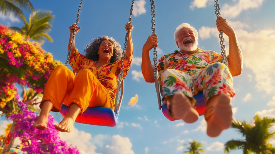 About the post: Images and videos are generative AI-created. Prompt: Beaming Brazilian couple, 65 years old, swinging on a rainbow-colored swing set, whooshing through the air, vibrant playground background, holding hands, excited expressions, wearing brightly colored tropical shirts and pants, gleeful smiles, giddy vibe, lush colorful flower bushes behind, saturated colors, whimsical, surrealistic atmosphere, golden hour lighting, 8K detail, photorealistic style, portrait lens. Tools: Midjourney, Luma.