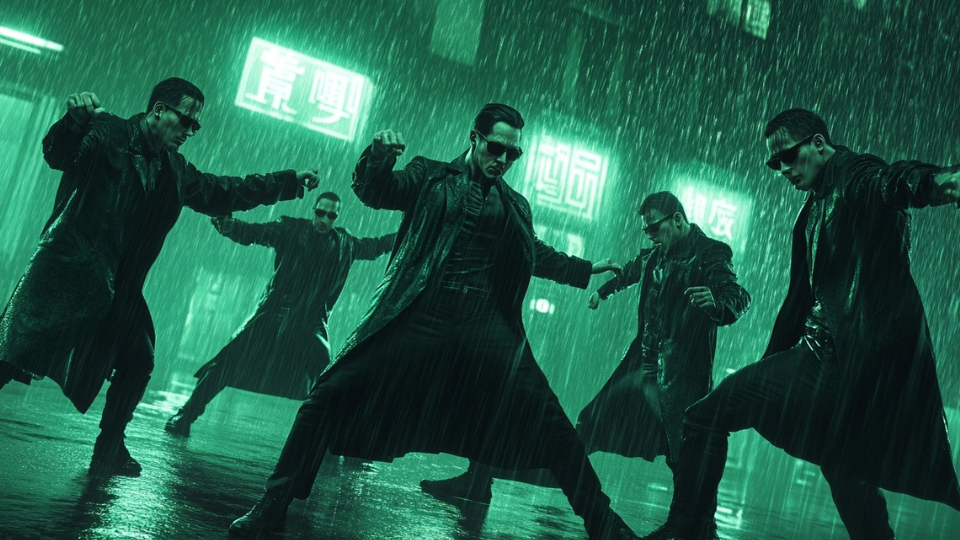 About the post: Images and videos are generative AI-created. Prompt: Five Neo clones in a long black coats and sunglasses kung fu fighting each other. Kicking and punching. Green-tinted cyberpunk atmosphere, digital rain in the background. Hyper-detailed, cinematic lighting, ultra-realistic 3D render. Tools: Midjourney, Luma.