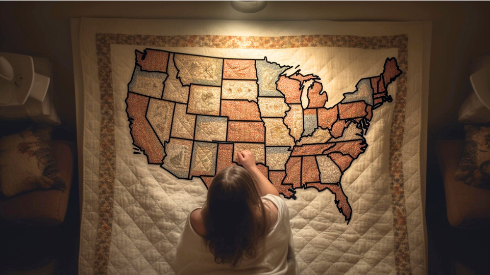 About the post: Images and videos are generative AI-created. Prompt: A woman asleep underneath a quilt made to look like a map of the United States, soft bedroom lighting, intricate stitching details. Overhead view, focus on sleeper and entire quilt. Tools: Midjourney, Luma.