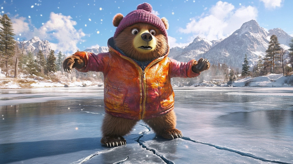 About the post: Images and videos are generative AI-created. Prompt: A scared anthropomorphic bear in a vibrant winter coat and hat, nervous facial expression and posture, standing center frame on a frozen alpine lake, arms out trying to balance, cracks branching out from his feet, bright sunny day, scenic snow-capped mountains in background reminiscent of Lake Tahoe. Tools: Midjourney, Luma.