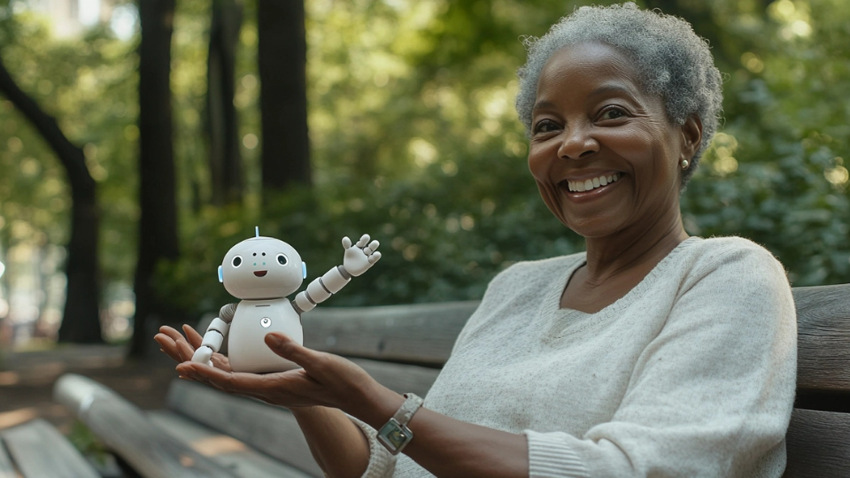 About the post: Images and videos are generative AI-created. Prompt: A smiling 65 year old black woman sitting on a wooden bench in Central Park, New York holding a small cute anthropomorphic chatbot in her hand. The woman and the chatbot both wave at the camera. Lush green trees and park scenery in background. Photorealistic style, soft natural lighting, 4K detail, depth of field. Tools: Midjourney, Luma.